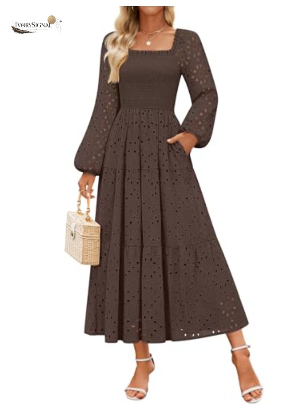 Women's Eyelet Long Sleeve Smocked A-Line Maxi Dress Wedding Guest